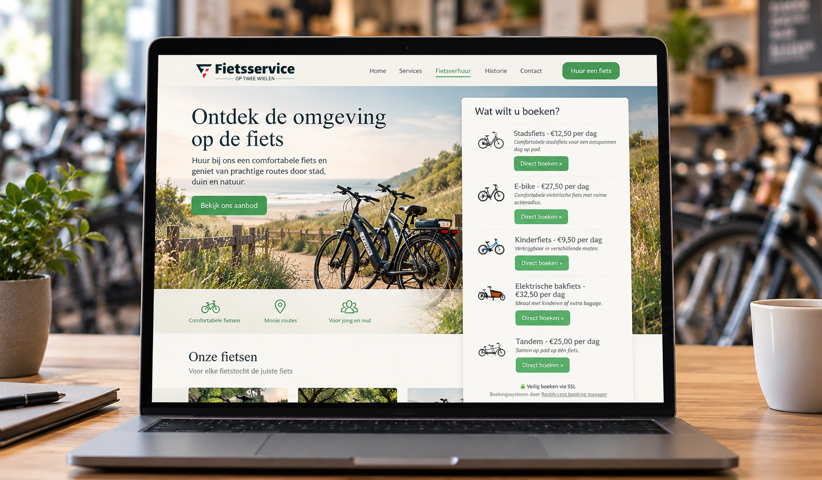 Voorbeeld van een website met geintegreerde boekingsmodule voor fietsverhuur